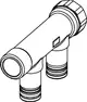 TECE-Verteiler mit zwei Ausgängen, gerader Form mit Gewindeanschlüssen. Materialkombination aus Rotguss und Silikon-Bronze, geeignet für verschiedene Rohrsysteme.
